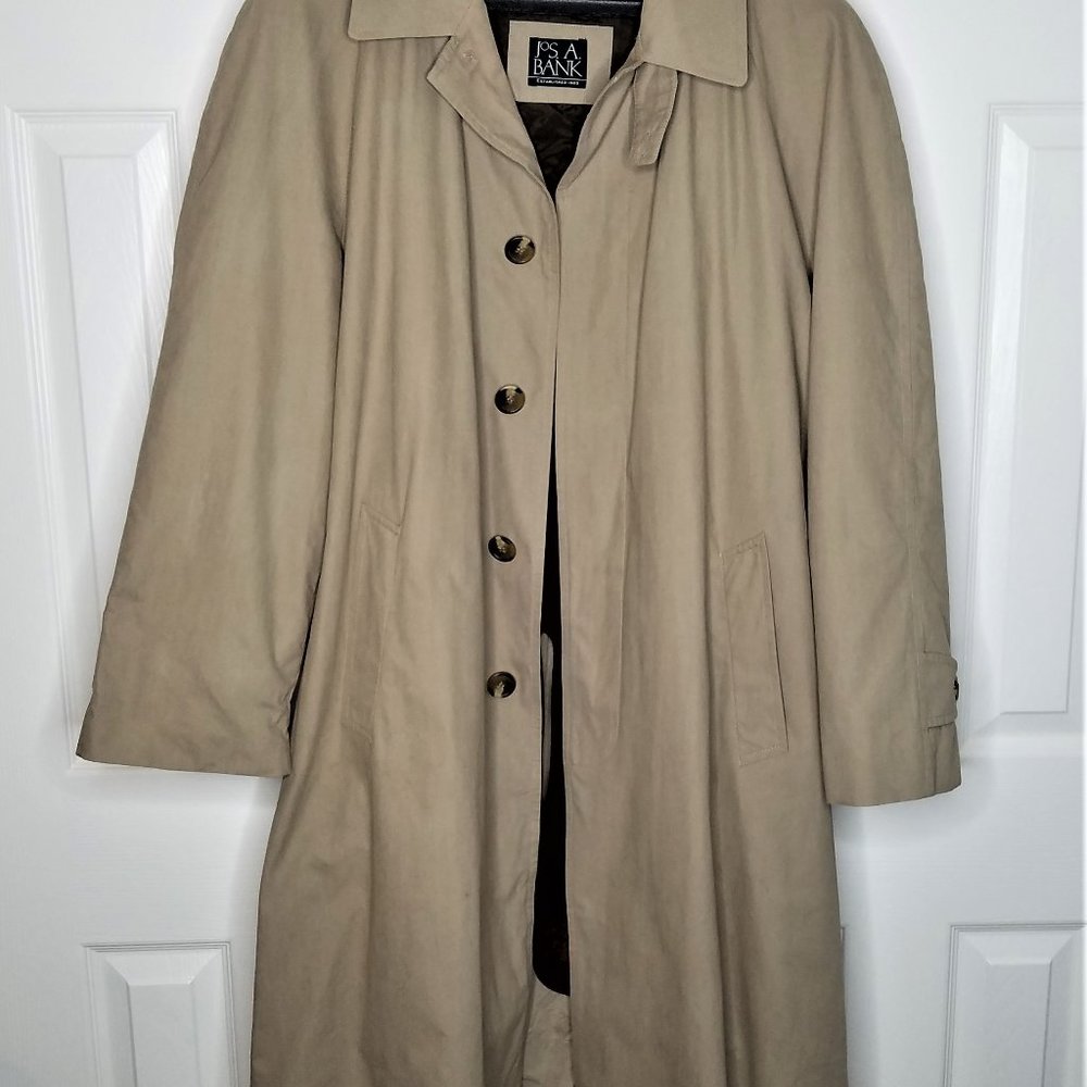 JOSEPH A BANK MEN'S TRENCH COAT OVERCOAT 42 R LONG COAT with WOOL LINER
